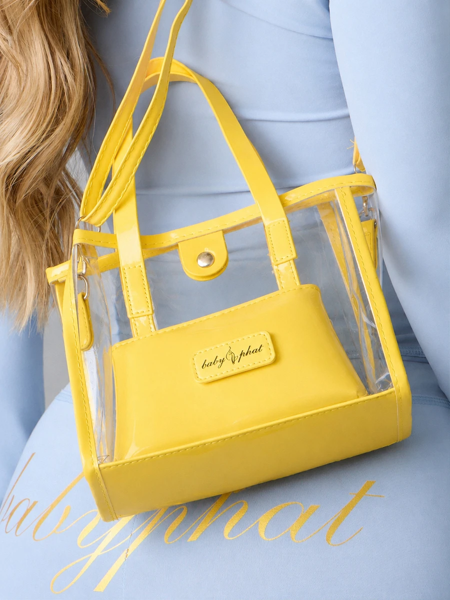 BABYPHAT Clear Transparent Mini Tote Bag With Yellow Patent Trim Crossbody Strap Summer Festival Handbag - Yellow - View 1
