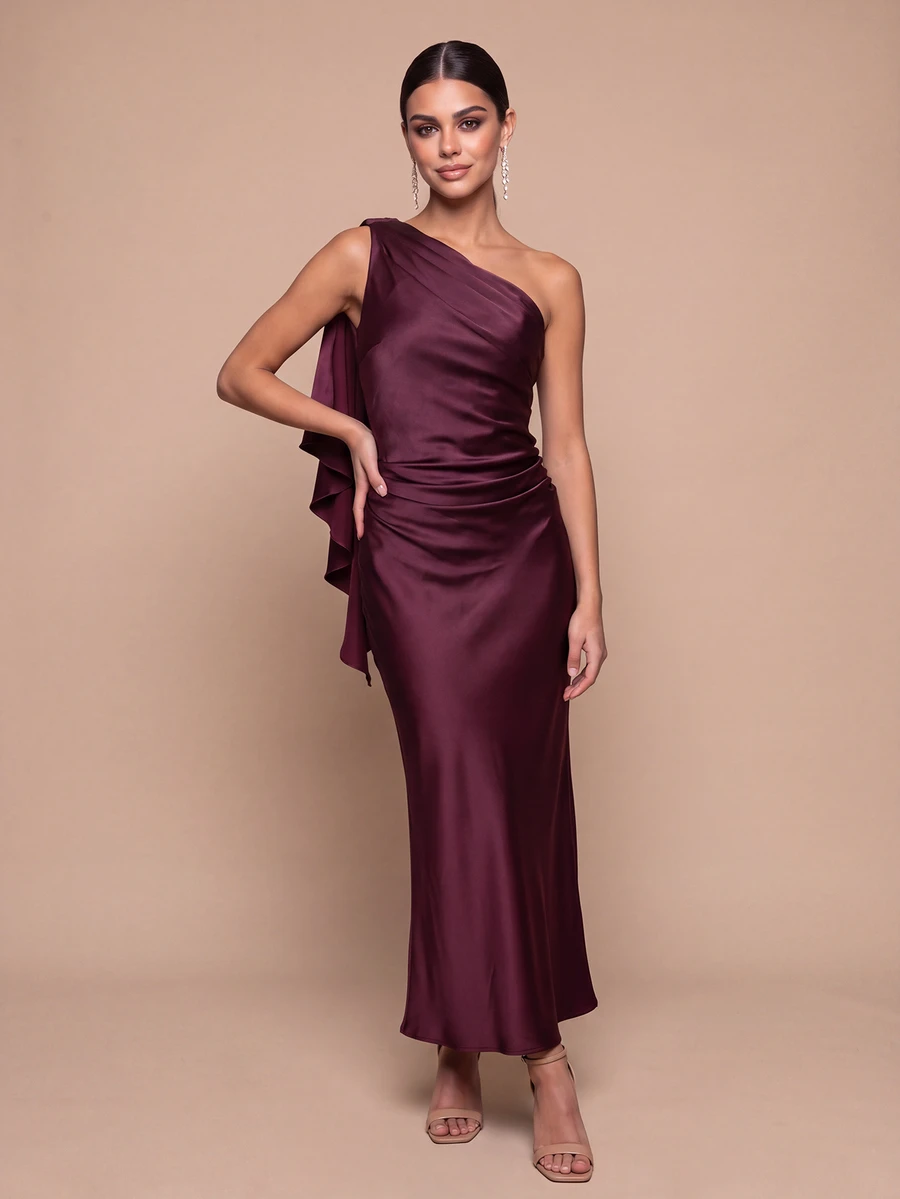QUIZ Burgundy Satin One Shoulder Draped Ruffle Detail Bodycon Midaxi Dress, Elegant Long Dress, Wedding Guest Dress Women, Formal Event Dress, Special Occasion Dresses For Women - Rust Brown - View 1