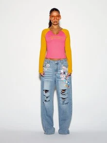 SUMWON Color Block Raglan Long Sleeve Crop Top With Notch Neck And Script Logo Chest Print Summer Y2K Style Fall - Multicolor - View 4
