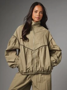 MISSGUIDED Oversized Windbreaker Jacket With Stand Collar Full Zip Ruffle Hem And Black Contrast Piping Detail Lightweight Outerwear For Spring - Olive Green - View 1