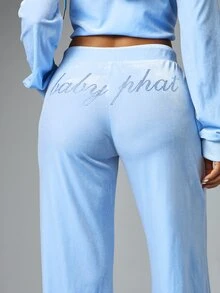 BABYPHAT Velvet Wide Leg Casual Pants With Rhinestone Logo Detail Drawstring Waist Side Pockets Y2K Retro Loungewear - Blue - View 3