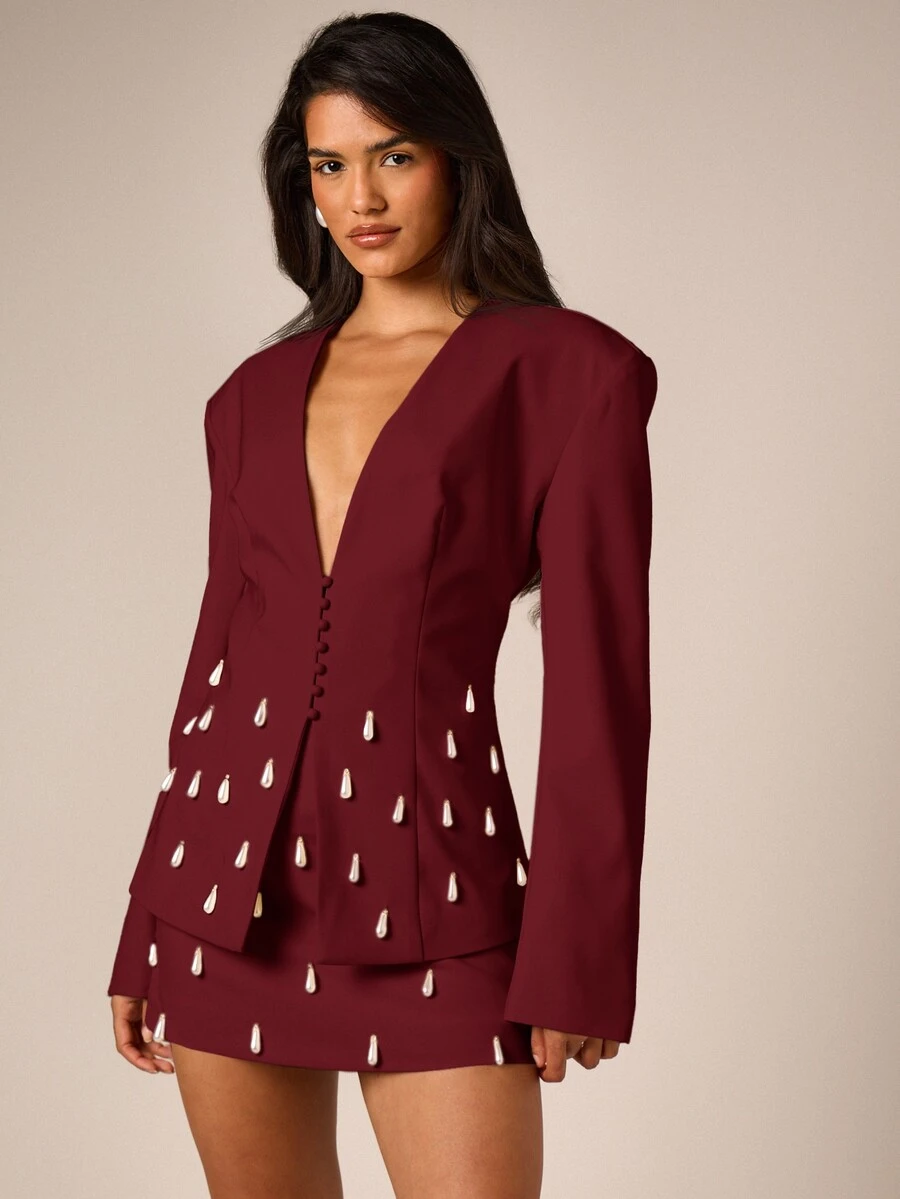 AiiRZ Pearl Drop Embellished Blazer Jacket With Deep V-Neck Peplum Hem And Covered Button Closure Holiday Party Evening Wear - Burgundy - View 1