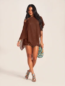 MISSGUIDED Sheer Chiffon Cape Overlay Top With Sequin Party Night Out Holiday Festival Outfit - Brown - View 3