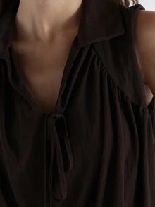 KSTM Sleeveless V-Neck Tie Detail Flowy Blouse Relaxed Oversized Fit Gathered Neckline Casual Summer Top - Brown - View 6