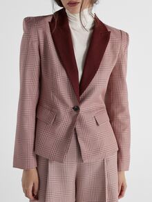 KSTM Glen Plaid Single Button Blazer With Contrast Velvet Lapels Fitted Tailored Jacket Autumn Winter Office Formal Co-Ord - Multicolor - View 2