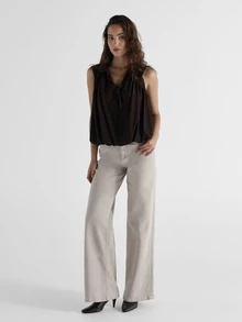 KSTM Sleeveless V-Neck Tie Detail Flowy Blouse Relaxed Oversized Fit Gathered Neckline Casual Summer Top - Brown - View 2