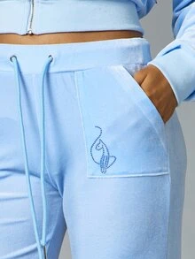 BABYPHAT Velvet Wide Leg Casual Pants With Rhinestone Logo Detail Drawstring Waist Side Pockets Y2K Retro Loungewear - Blue - View 5