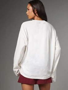 MISSGUIDED Oversized Longline Crew Neck Long Sleeve Drop Shoulder Cotton Jersey Top With Woven Logo Patch Chest Detail - White - View 3