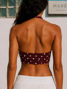 Zerodot Women Red Halter Neck Sleeveless Ikat Print Tie Front Tank Top Casual Daily Summer - Burgundy - View 2