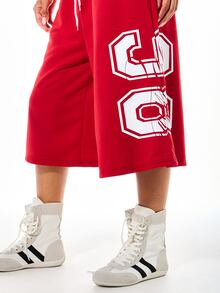SUMWON Red Wide Leg Midi Shorts With Varsity Numeric 98 Graphic Leg Print Drawstring Waist Casual Culottes Summer Festival Style - Red - View 4