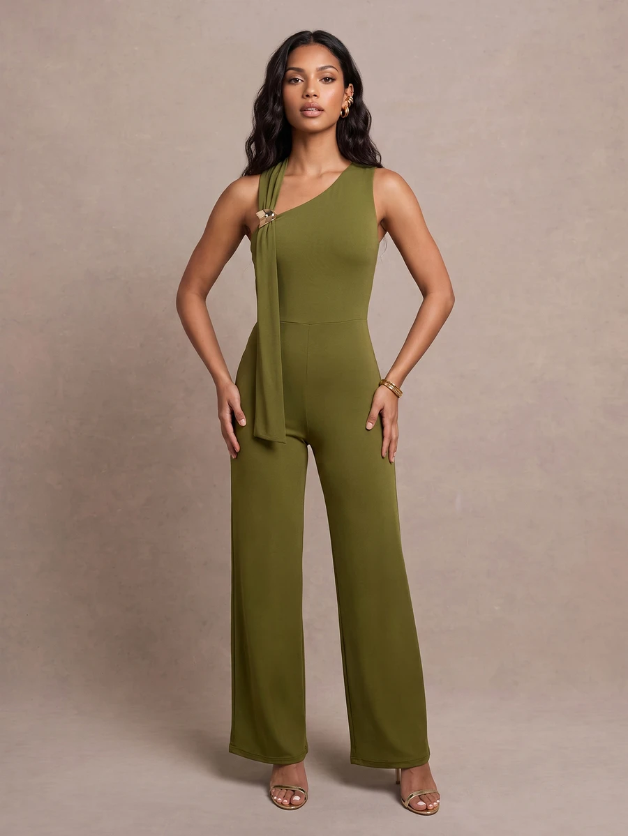 QUIZ Tuta verde oliva asimmetrica con una spalla, gamba ampia, con sciarpa e dettagli in metallo dorato, tuta elegante per feste, outfit per eventi formali, outfit da vacanza per donne, tuta estiva - Verde Oliva - Visualizzare 1