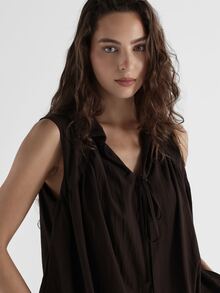 KSTM Sleeveless V-Neck Tie Detail Flowy Blouse Relaxed Oversized Fit Gathered Neckline Casual Summer Top - Brown - View 3