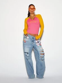 SUMWON Color Block Raglan Long Sleeve Crop Top With Notch Neck And Script Logo Chest Print Summer Y2K Style Fall - Multicolor - View 6
