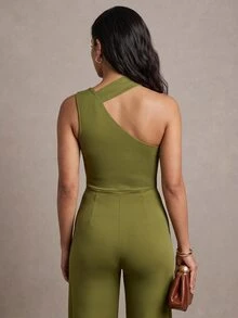 QUIZ Tuta verde oliva asimmetrica con una spalla, gamba ampia, con sciarpa e dettagli in metallo dorato, tuta elegante per feste, outfit per eventi formali, outfit da vacanza per donne, tuta estiva - Verde Oliva - Visualizzare 5