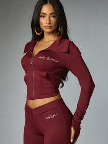BABYPHAT Cropped Zip-Up Jacket With Collared Neckline Long Fitted Sleeves And Script Logo Detail Perfect For Fall Winter Casual Outings - Burgundy - View 4