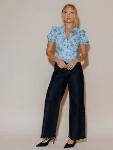 Pimkie Edition Women's Blue Floral Print Puff Sleeve Button Blouse, Casual Everyday Wear - Blue - View 5