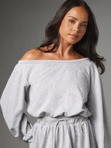 MISSGUIDED 露肩抽繩腰圍迷你衛衣洋裝，長版泡泡袖、羅紋袖口、喇叭裙擺，舒適居家休閒服，秋冬款 - 淺灰色 - 查看 5