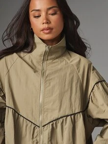MISSGUIDED Oversized Windbreaker Jacket With Stand Collar Full Zip Ruffle Hem And Black Contrast Piping Detail Lightweight Outerwear For Spring - Olive Green - View 2
