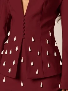 AiiRZ Pearl Drop Embellished Blazer Jacket With Deep V-Neck Peplum Hem And Covered Button Closure Holiday Party Evening Wear - Burgundy - View 2