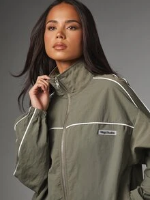 MISSGUIDED جاكيت واقي من الرياح بحجم كبير مع ياقة واقفة وسحاب كامل وأنابيب بيضاء متباينة وأكمام مطاطية ملابس خارجية للخريف والشتاء - أخضر داكن - مشاهدة 3