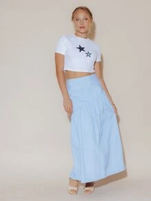 Pimkie Edition Rok Maxi Ruffle Asimetris Biru Muda Wanita, Pakaian Kasual Sehari-hari - Blue and White - View 4