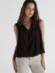 KSTM Sleeveless V-Neck Tie Detail Flowy Blouse Relaxed Oversized Fit Gathered Neckline Casual Summer Top - Brown - View 1
