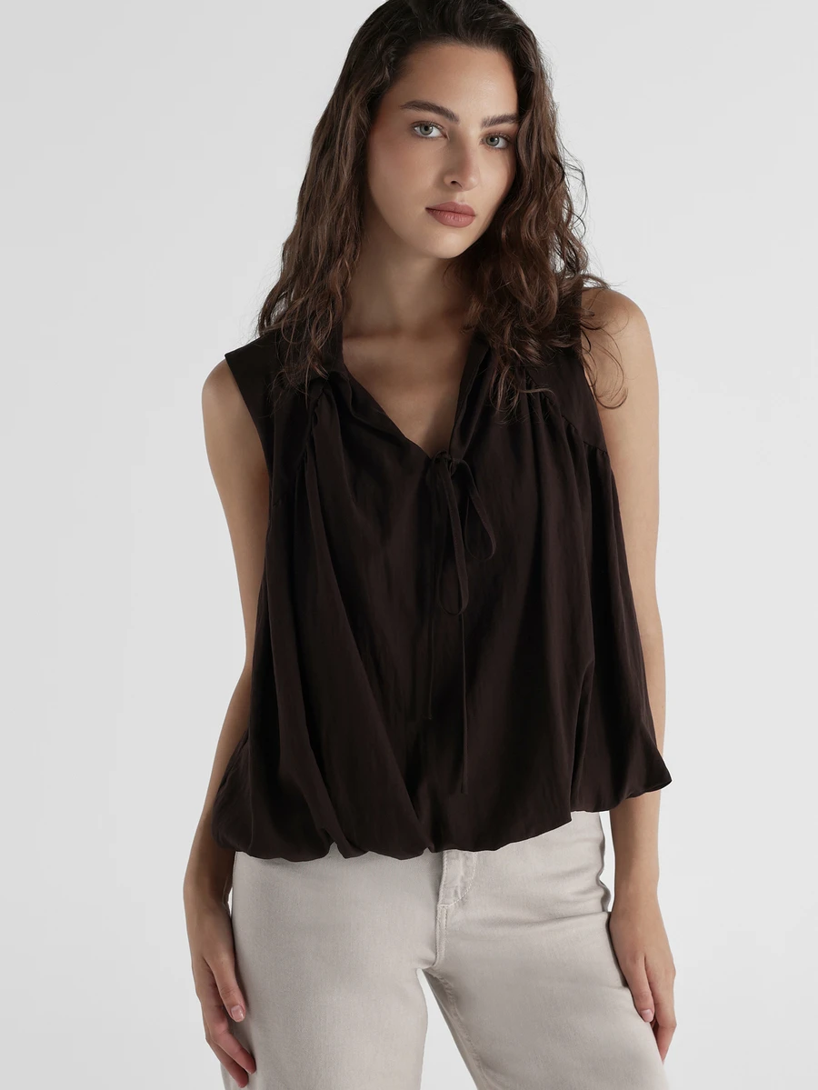 KSTM Sleeveless V-Neck Tie Detail Flowy Blouse Relaxed Oversized Fit Gathered Neckline Casual Summer Top - Brown - View 1