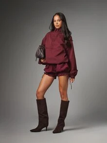 MISSGUIDED Chaqueta Oversize con Media Cremallera, Cuello Alto, Bolsillo con Cremallera y Textura de Rayas Acanaladas para Otoño e Invierno - Marrón - Ver 2