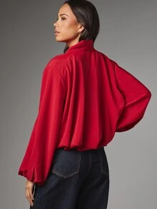 MISSGUIDED Half Zip High Neck Batwing Sleeve Oversized Blouse With Bubble Hem And Silver Logo Zipper Pull Fall Winter Statement Top - Red - View 3