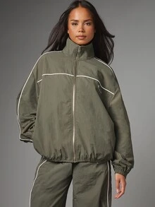 MISSGUIDED جاكيت واقي من الرياح بحجم كبير مع ياقة واقفة وسحاب كامل وأنابيب بيضاء متباينة وأكمام مطاطية ملابس خارجية للخريف والشتاء - أخضر داكن - مشاهدة 5