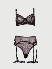 Missguided x Playboy Leopard Print Mesh Balconette Bra Thong And Garter Belt Lingerie Set With Logo Straps And Lace Trim Valentine Gift - Multicolor - View 1