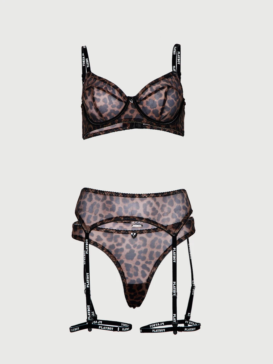Missguided x Playboy Leopard Print Mesh Balconette Bra Thong And Garter Belt Lingerie Set With Logo Straps And Lace Trim Valentine Gift - Multicolor - View 1