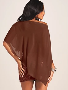 MISSGUIDED Sheer Chiffon Cape Overlay Top With Sequin Party Night Out Holiday Festival Outfit - Brown - View 2