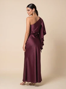 QUIZ Burgundy Satin One Shoulder Draped Ruffle Detail Bodycon Midaxi Dress, Elegant Long Dress, Wedding Guest Dress Women, Formal Event Dress, Special Occasion Dresses For Women - Rust Brown - View 2