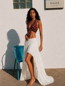 Zerodot Women Red Halter Neck Sleeveless Ikat Print Tie Front Tank Top Casual Daily Summer - Burgundy - View 3