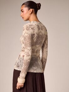 AiiRZ Sheer Mesh Long Sleeve Top With All Over Paisley Bandana Print Crew Neck Form Fitting Layering Top Fall Winter - Green - View 2