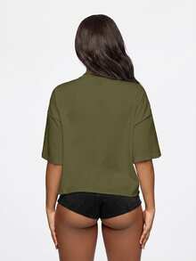 SUMWON WOMEN 90210 Los Angeles County Graphic Print Cropped Oversized Crew Neck Cotton Tee Summer Casual Street Style - Olive Green - View 2
