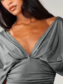 MISSGUIDED Deep V-Neck Wrap Crop Top With Ruched Waist And Batwing Sleeves - Reversible Open Back Design For Fall Winter - Dark Grey - View 6