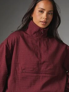 MISSGUIDED Chaqueta Oversize con Media Cremallera, Cuello Alto, Bolsillo con Cremallera y Textura de Rayas Acanaladas para Otoño e Invierno - Marrón - Ver 4