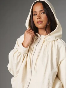 MISSGUIDED 寬鬆連帽防風夾克，全開襟拉鍊設計，抓皺領口，泡泡袖，短版臀長，輕量外套，適合春秋穿著 - 杏色 - 查看 2