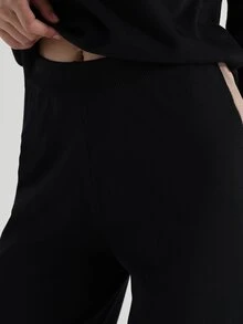 KSTM Knit Sweater And Wide Leg Pants Co-Ord Set With Contrast Side Stripe Split Sleeve Crew Neck Cropped Top Two Piece Outfit - Black - View 6