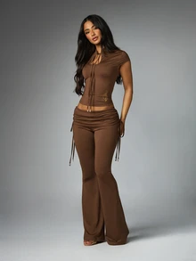 BABYPHAT Chocolate Brown Cap Sleeve Crop Top With Keyhole Tie Neckline Gold Embroidery Detail Perfect For Spring Summer Casual Outings - Coffee Brown - View 3