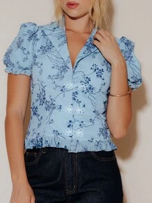 Pimkie Edition Women's Blue Floral Print Puff Sleeve Button Blouse, Casual Everyday Wear - Blue - View 3