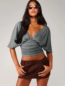 MISSGUIDED Deep V-Neck Wrap Crop Top With Ruched Waist And Batwing Sleeves - Reversible Open Back Design For Fall Winter - Dark Grey - View 5