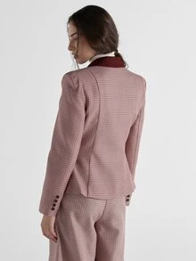 KSTM Glen Plaid Single Button Blazer With Contrast Velvet Lapels Fitted Tailored Jacket Autumn Winter Office Formal Co-Ord - Multicolor - View 5