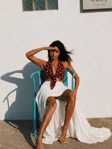Zerodot Women Red Halter Neck Sleeveless Ikat Print Tie Front Tank Top Casual Daily Summer - Burgundy - View 1
