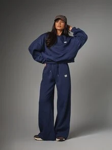 MISSGUIDED Wide Leg Casual Sweatpants With Drawstring Elastic Waist Side Pockets And Logo Patch Detail Fall Winter Comfort Style - Royal Blue - View 5