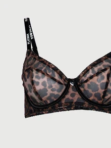 Missguided x Playboy Leopard Print Mesh Balconette Bra Thong And Garter Belt Lingerie Set With Logo Straps And Lace Trim Valentine Gift - Multicolor - View 3
