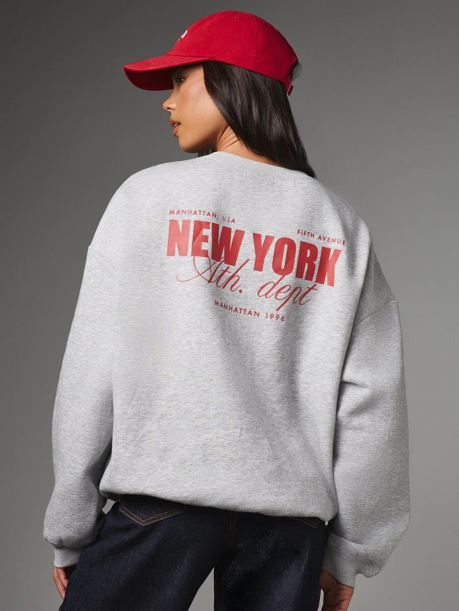 MISSGUIDED New York Oversized Crew Neck Sweatshirt With Chest And Back Graphic Text Print Long Sleeve Pullover - Grey - View 1