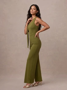QUIZ Tuta verde oliva asimmetrica con una spalla, gamba ampia, con sciarpa e dettagli in metallo dorato, tuta elegante per feste, outfit per eventi formali, outfit da vacanza per donne, tuta estiva - Verde Oliva - Visualizzare 6